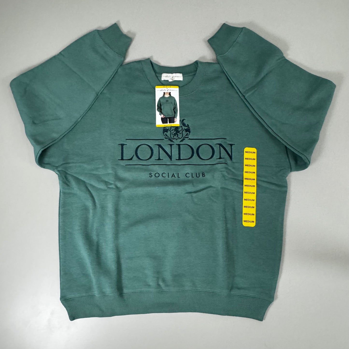 STATE OF MINE London Embroidered Crewneck Hoodie Sage Women's Sz M 15711