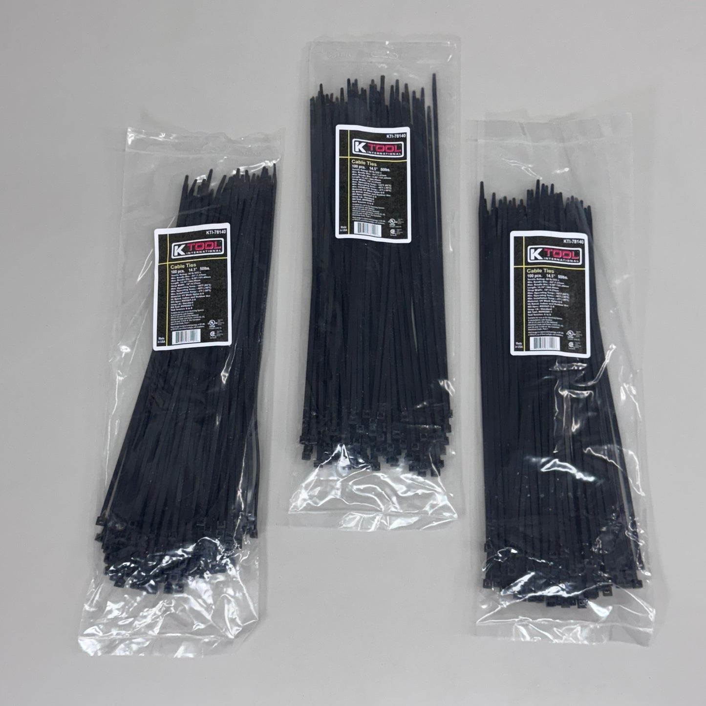 KTOOL (300 PACK)Cable Ties 50lbs Tensile Rating 14"L Strap Width 18" Black Nylon