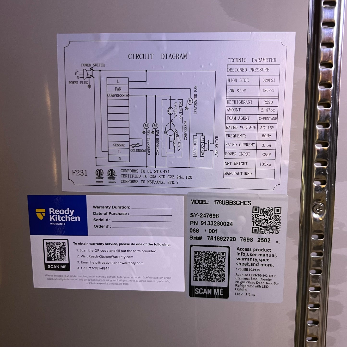 AVANTCO 69" Stainless Steel Counter Height Glass Door Back Bar Refrigerator with LED Lighting 178UBB3GHCS (New Other, Minor Damage Cosmetic)