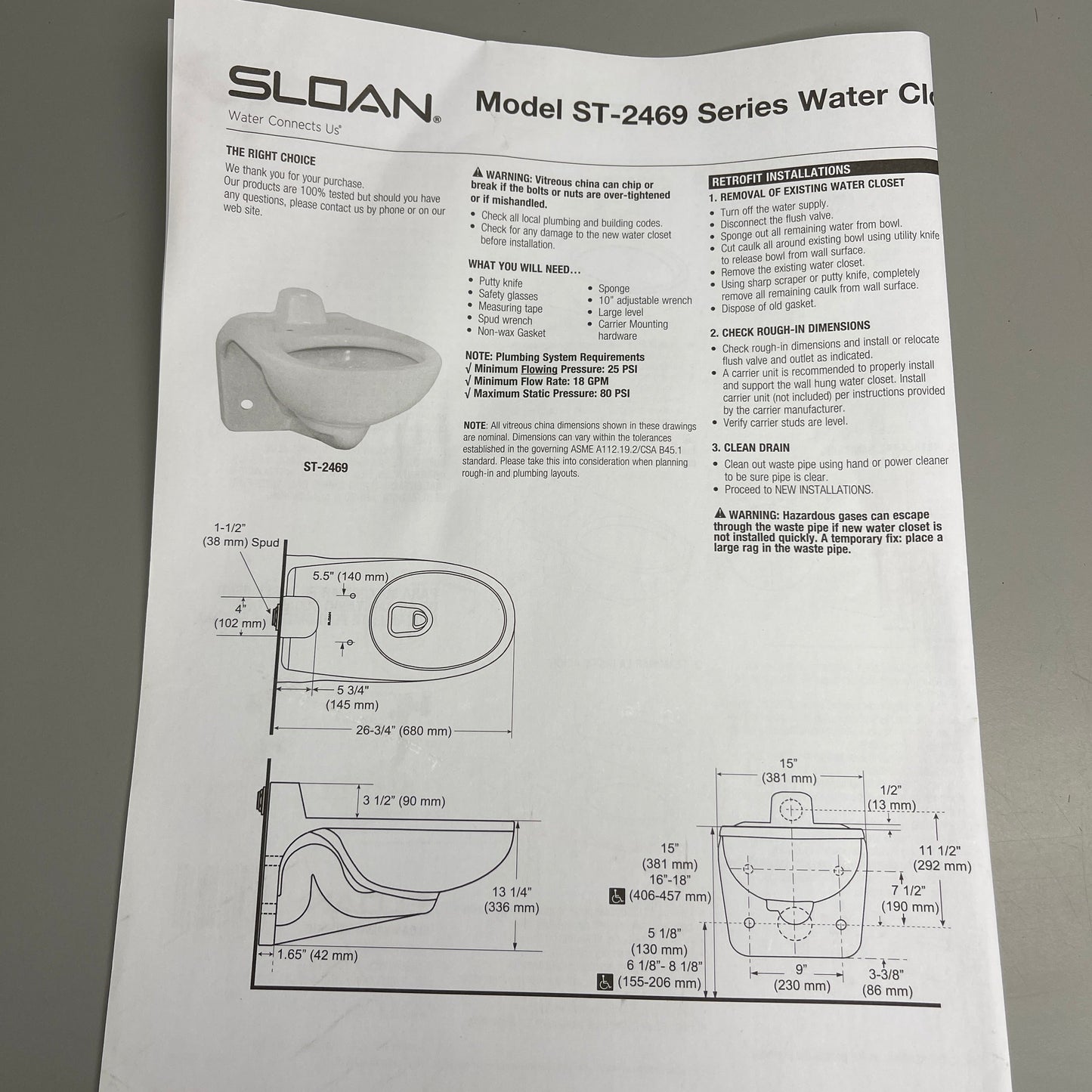 SLOAN Commercial Wall Mount Toilet / Water Closet Elongated Bowl 1.6 GPF White ST-2469