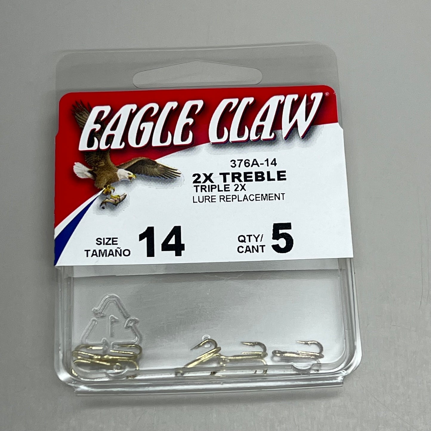 EAGLE CLAW (5 PACK) Curved Point 2X Treble Hook Lure Repla Gold #14 5pc 376A-14