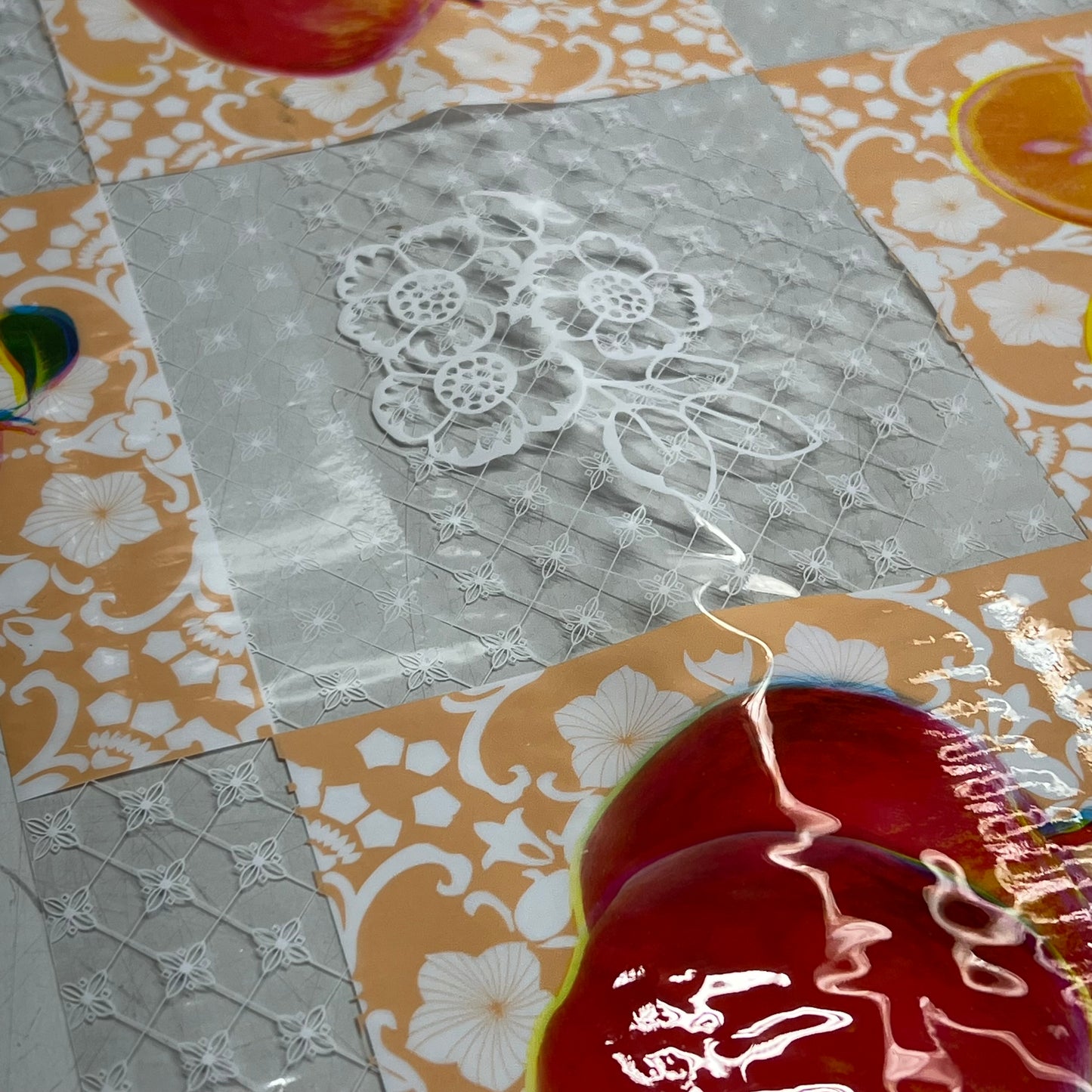 PVC Glossy Faux Lace Patchwork Fruit Dining Tablecloth Roll 54"x60' White/Orange