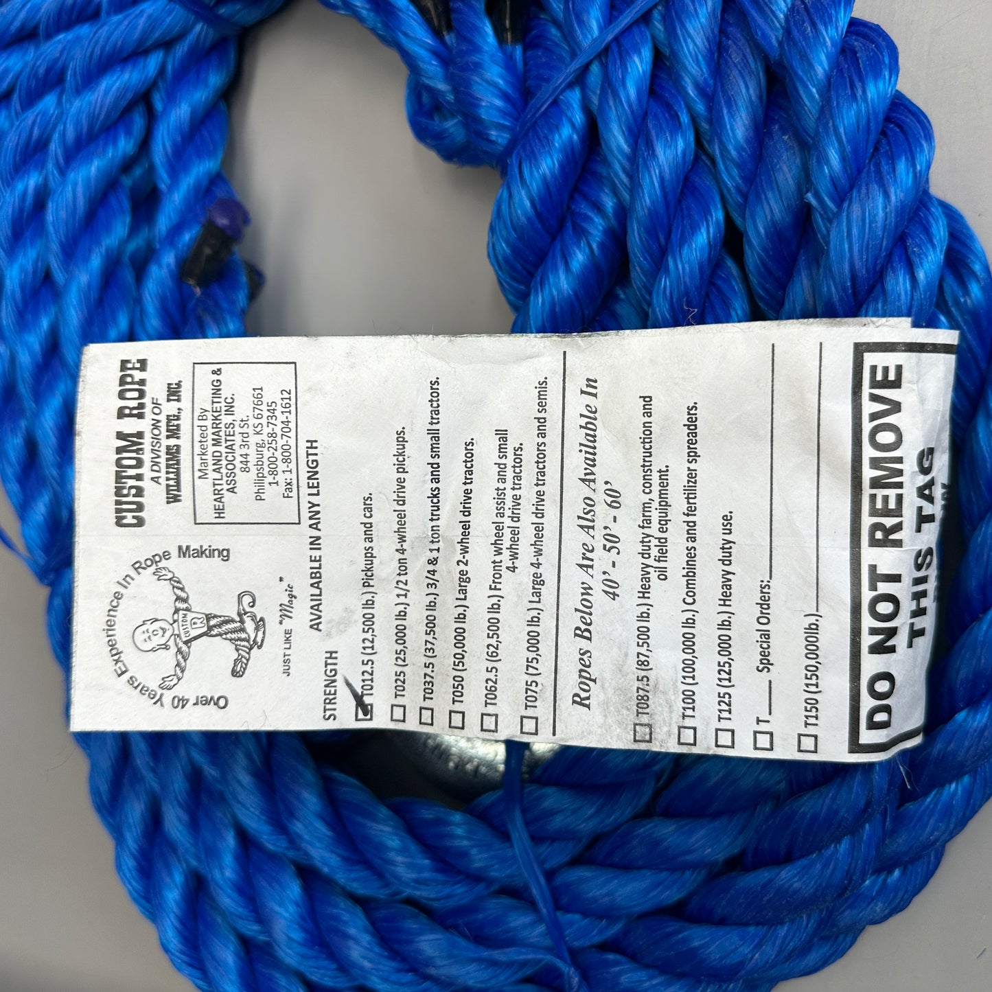 CUSTOM ROPES Tow Rope Pickups and Cars 12,500 lb Capacity Blue TO12.5