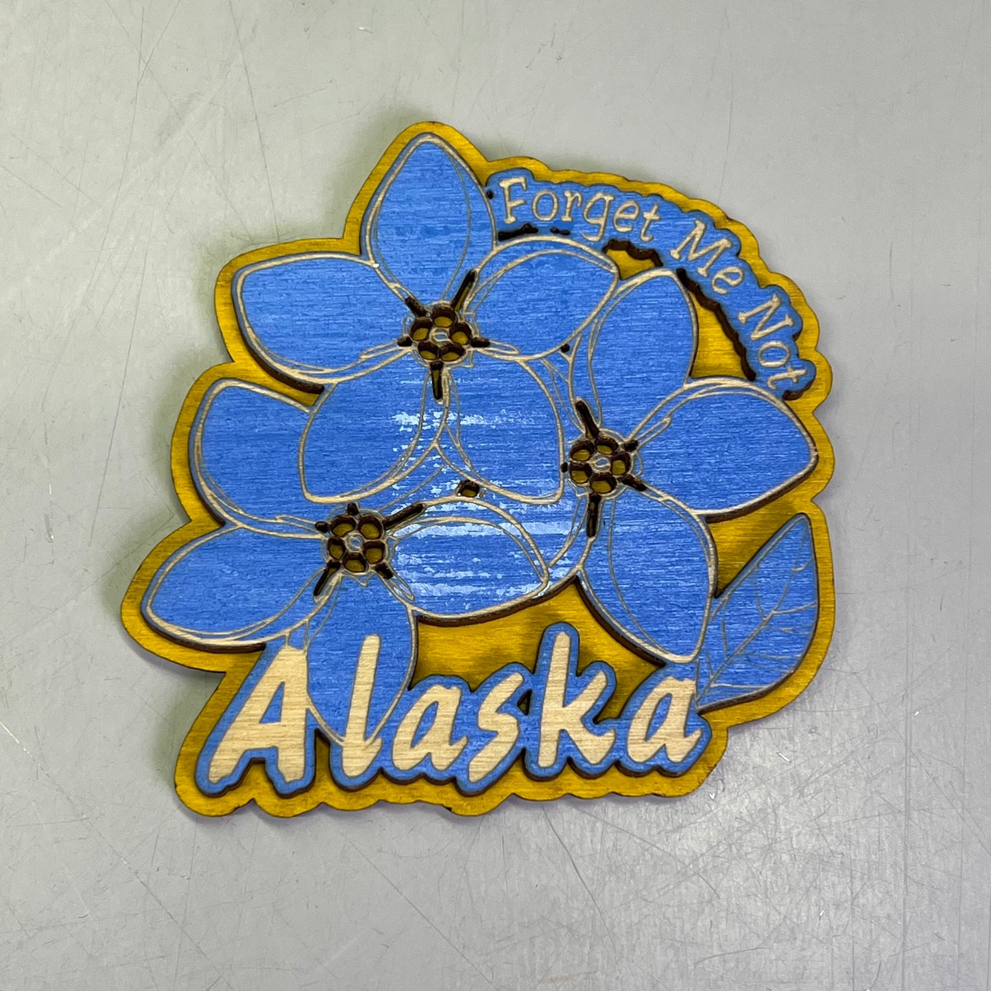 (2 PACK) Forget Me Not Flowers Laser Cut Wood Magnet Souvenir JUNEAU, AK