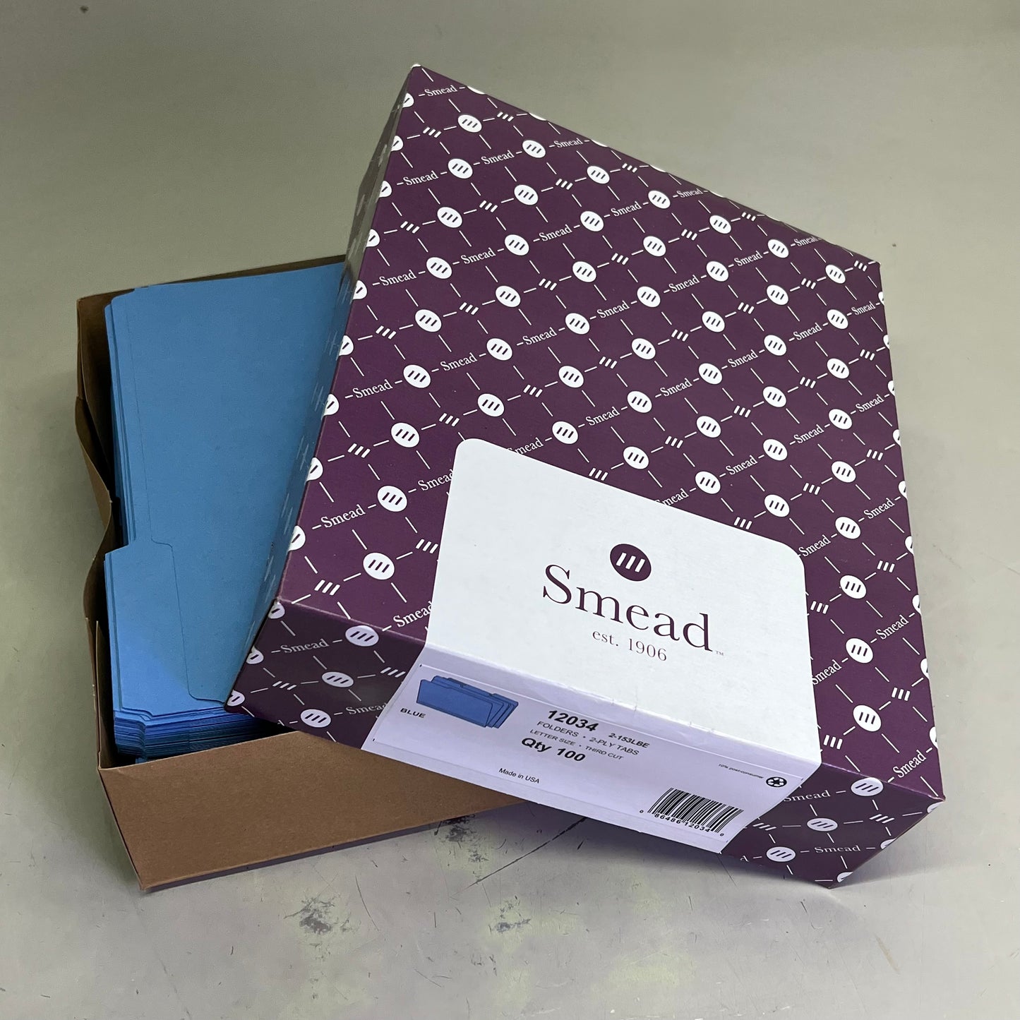 SMEAD (100 PACK) Color File Folders W/ Reinforcement Tabs 1/3 Cut Blue 12034