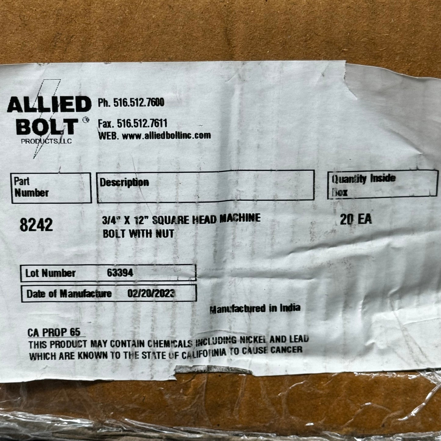 ALLIED BOLT PRODUCTS (Box of 20) Square Head Machine Bolt with Nut 3/4" x 12" #8242