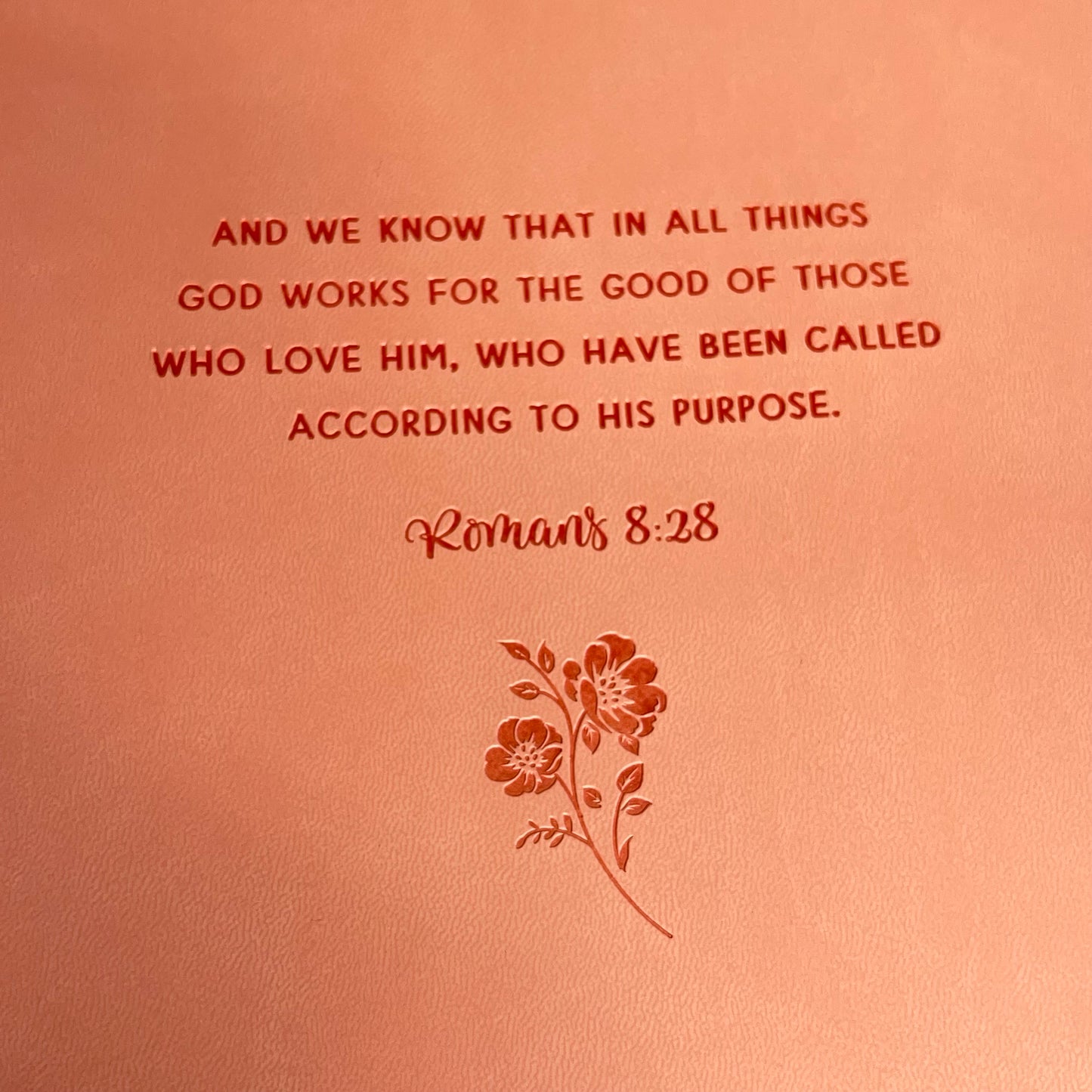 CHRISTIAN ART GIFTS Romans 8:28 Faux Leather Fashion Bible Cover 8"x11' Peach
