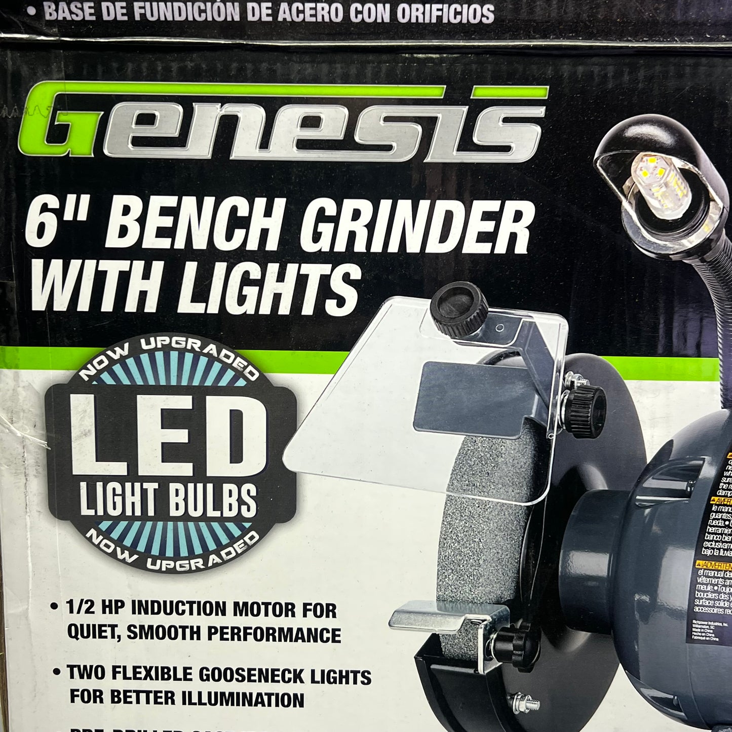 GENESIS Bench Grinder W/ Dual Flexible Lights & Eye Shield 1/2 HP Grey GBG600
