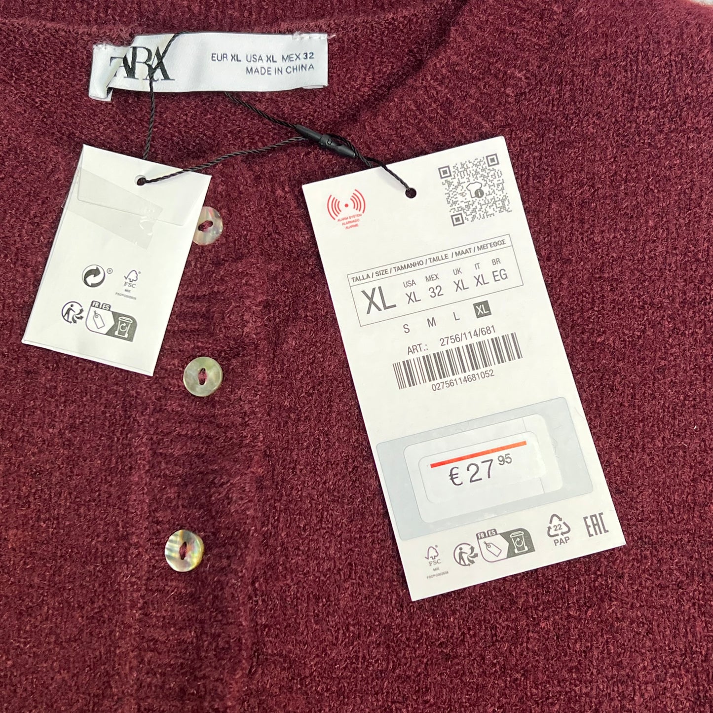 ZARA Plain Knit Cardigan W/ Ruffle Sleeves & Pearl Buttons Womens Sz XL Burgundy