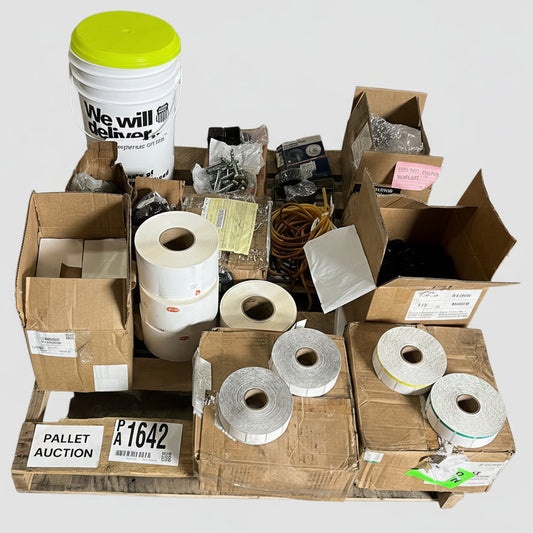 ZA@ Pallet of MIXED Assorted Hardware, Bucket Foam Cooler, & Sticker Labels (AS-IS)