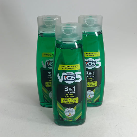 ZA@ VO5 (3 PACK) 3 In 1 For Men Fresh Energy Shampoo, Conditioner & Body Wash 15 Fl Oz