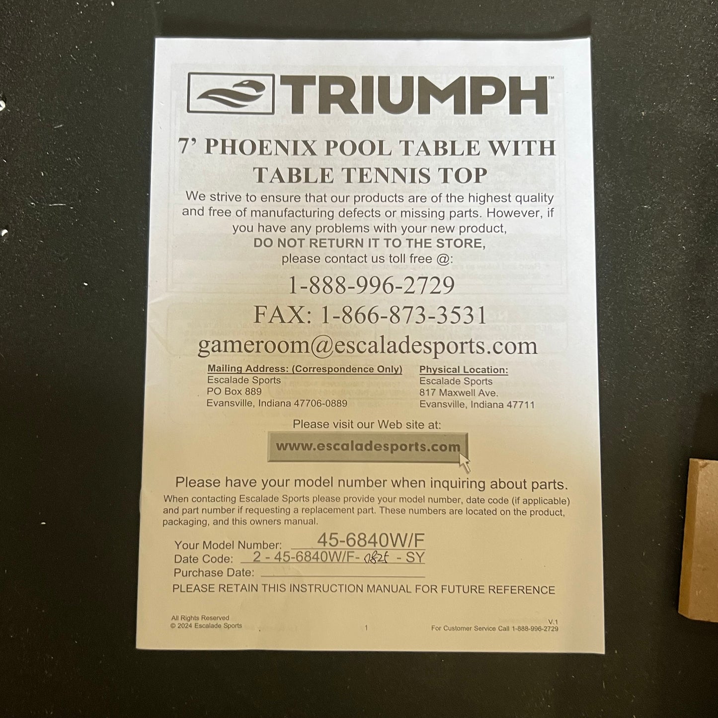 ZA@ Pallet of TRIUMPH 84" Billiard Table With Table Tennis Top, Green 45-6840 (AS-IS, Some Damage to the Bottom)