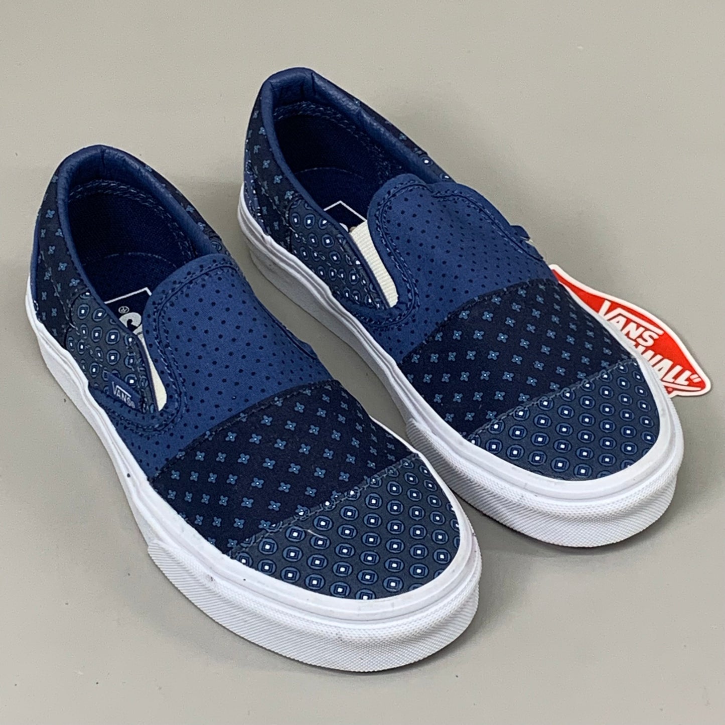 VANS Classic Slip-On Tie Print Patchwork Shoe Mens SZ 3.5 Womens SZ 5 Blue/White