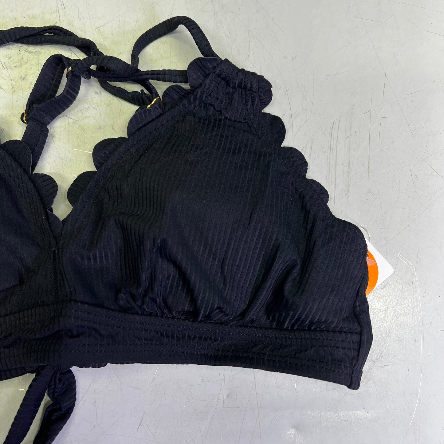 CHARMO Scalloped High Waist Tummy Control Bikini UPF 50 Women's Sz L Black