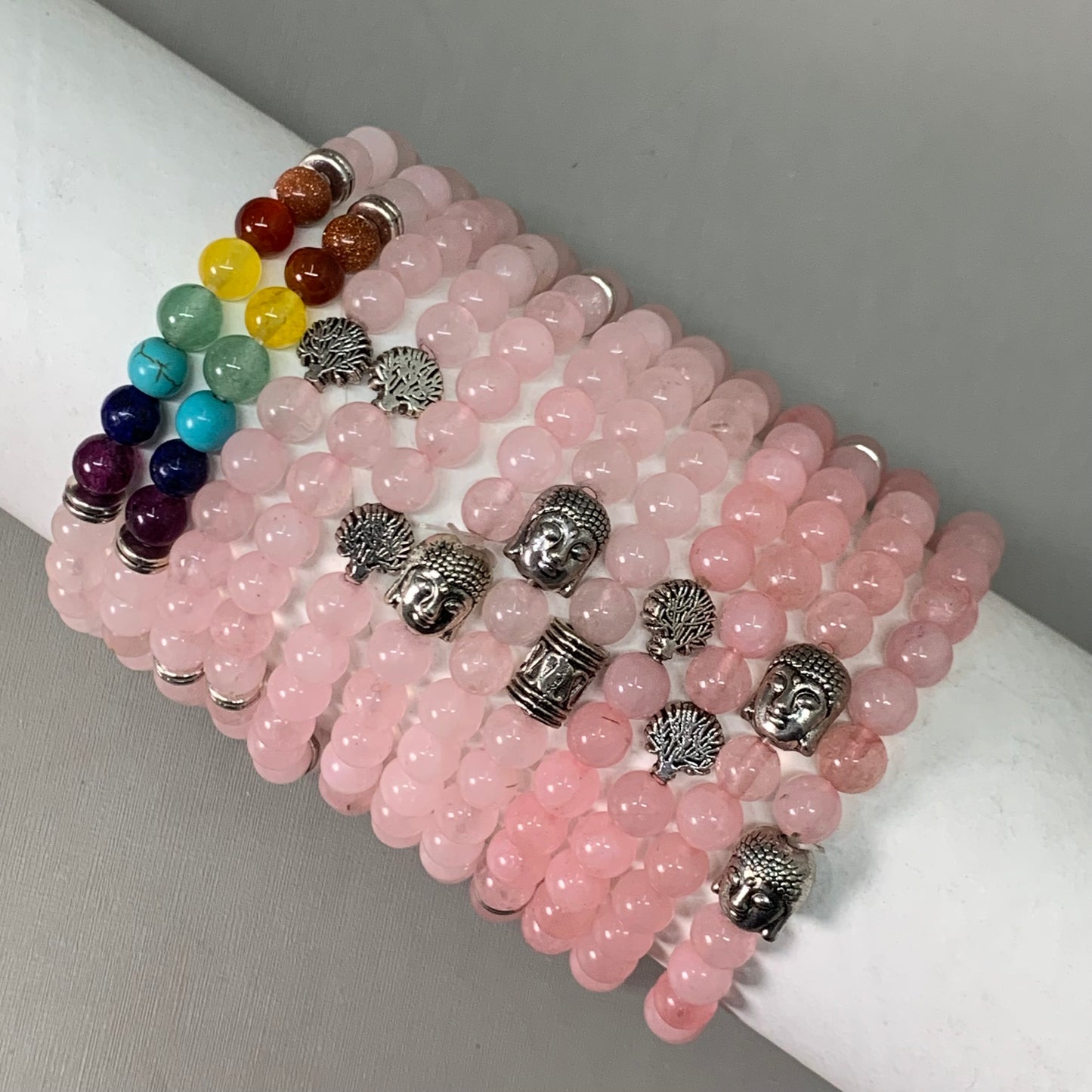 BEST WHOLESALE (12 PACK) Assorted Beaded Rose Quartz/Rainbow Crystal Bracelets 3"