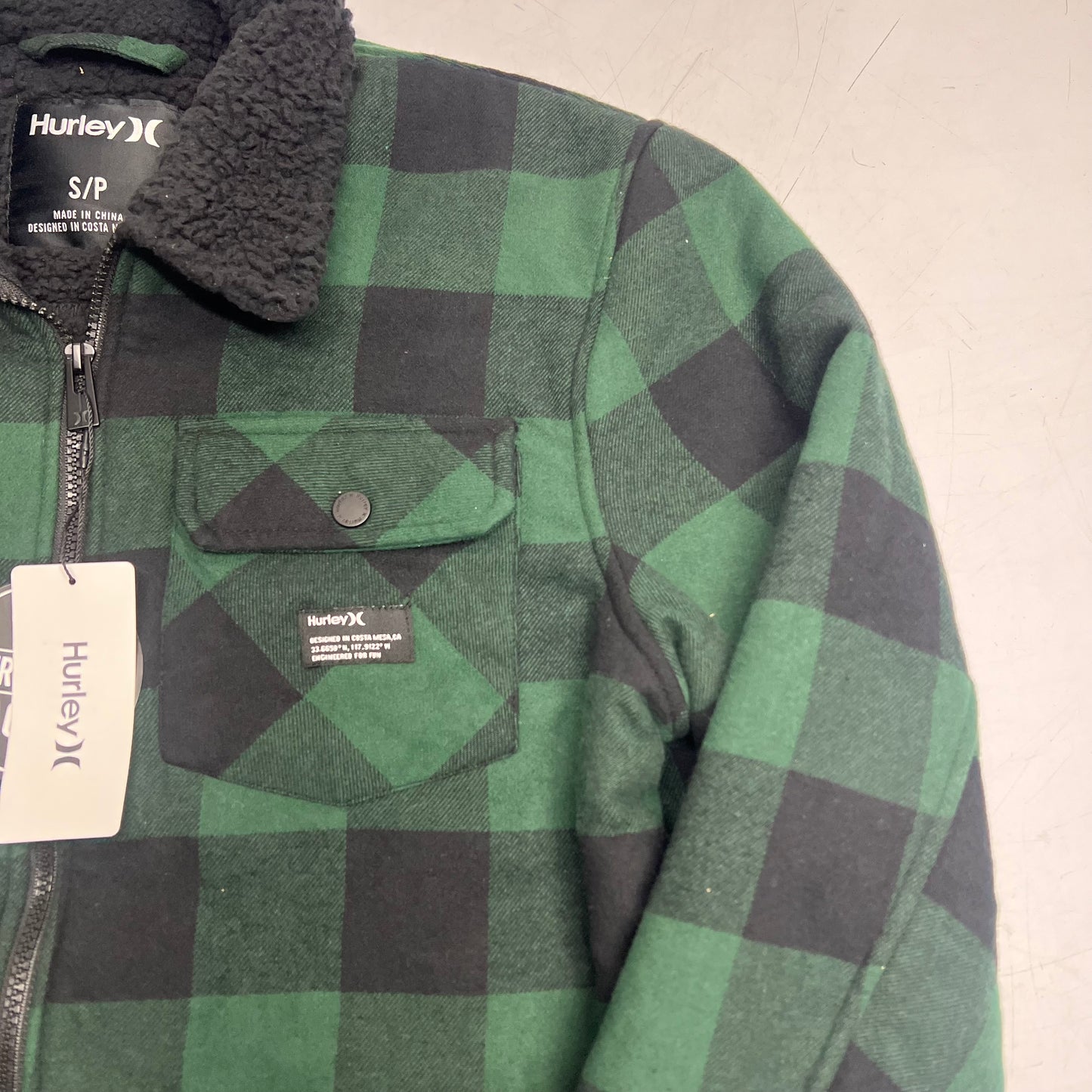 HURLEY Colt Sherpa Full Zip Jacket Men's Sz S Green/Black Plaid H6N491F4