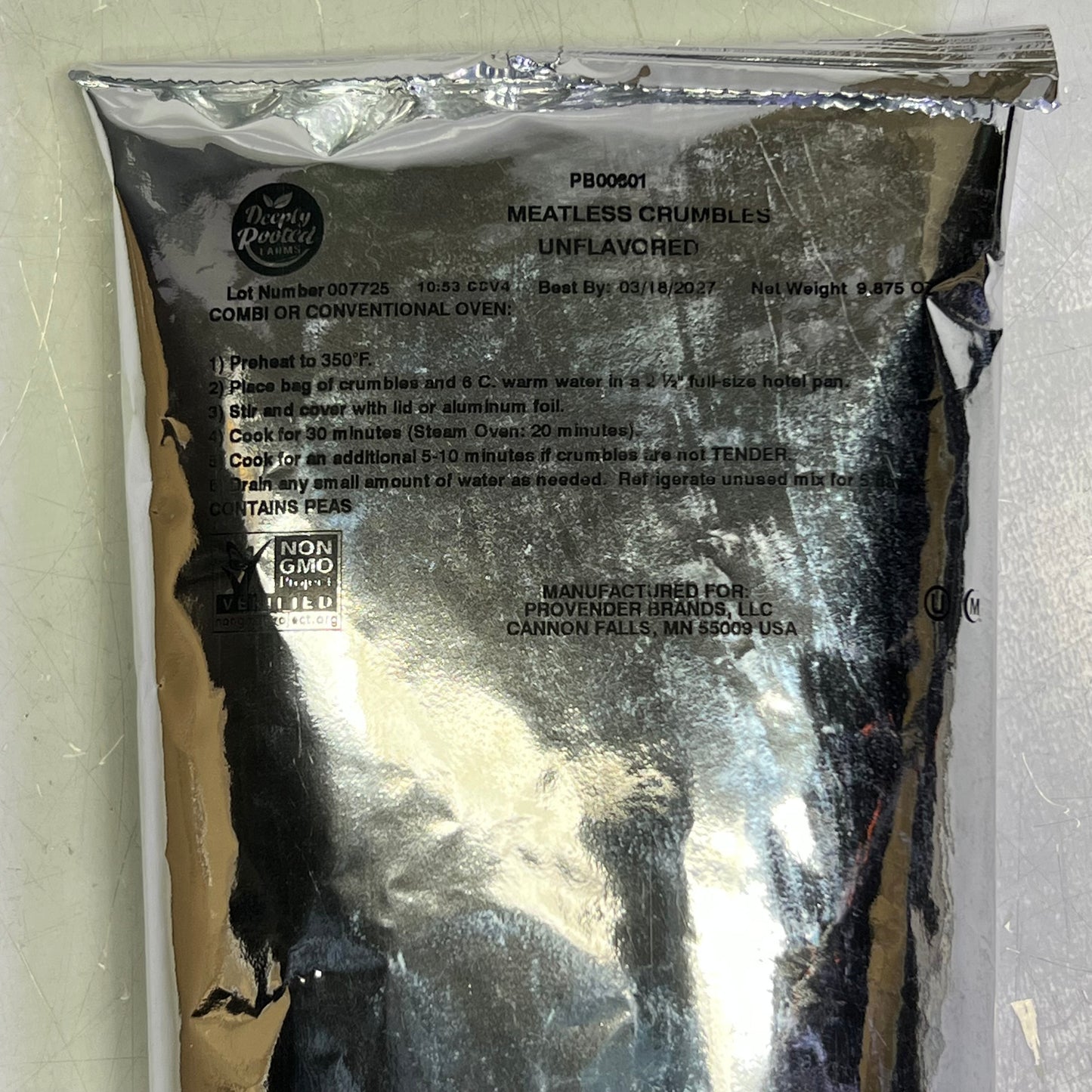 DEEPLY ROOTED FARMS (8 PACK) Meatless Crumbles Unflavored 9.8 oz BB 03/27 PB00601 (New Other, Distressed Box)