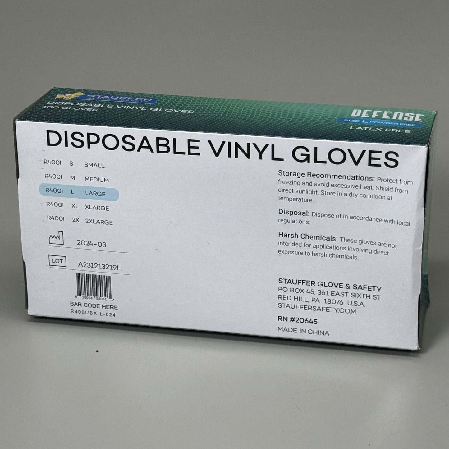 STAUFFER (10 PACK, 1,000 Total) Gloves & Safety Powder-Free Clear Vinyl Sz L R400I