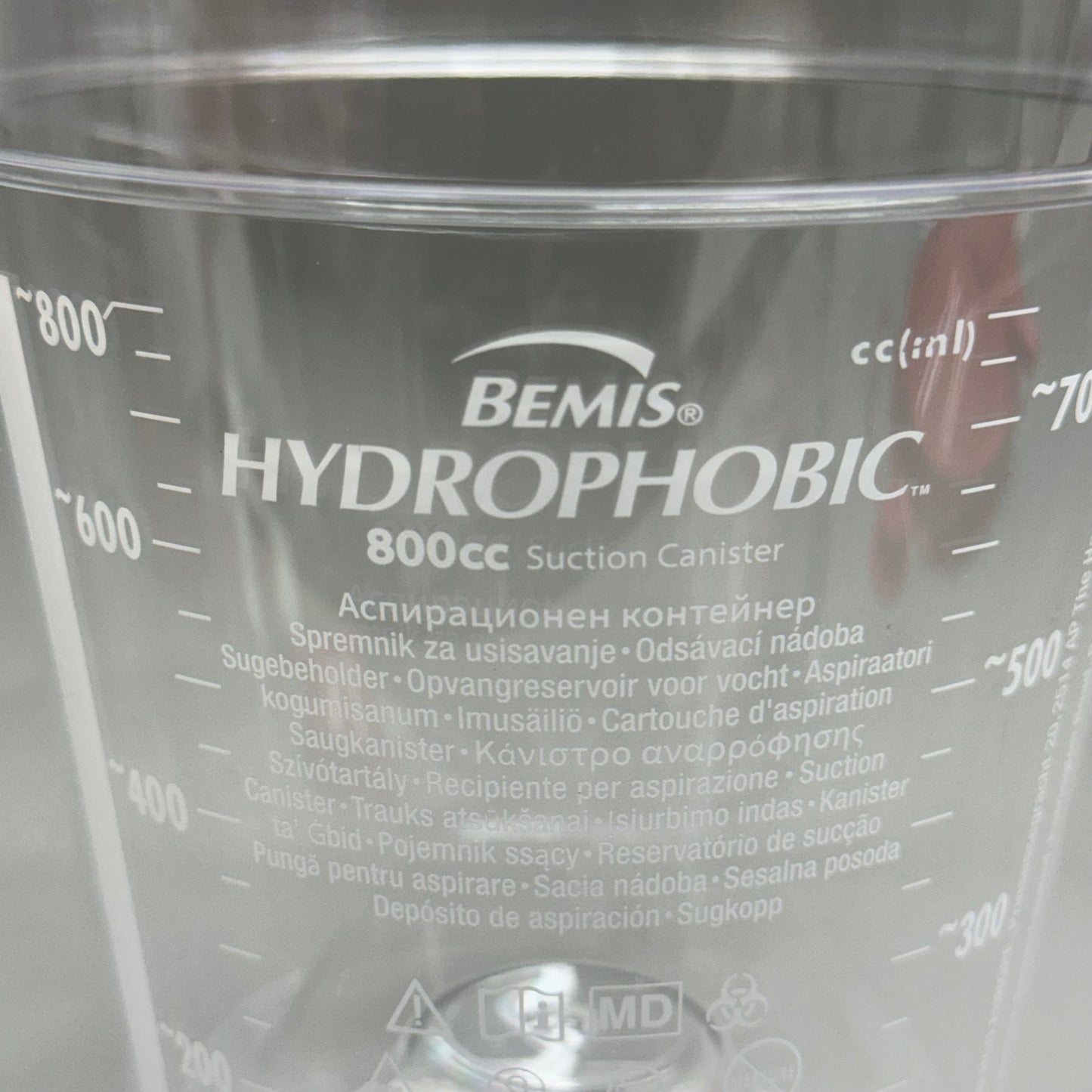 BEMIS HYDROPHOBIC 10PK Suction Canisters 800cc 424410 7 1/2”Hx5”W Clear and Red