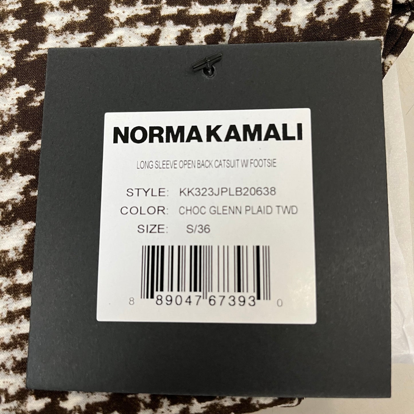 NORMA KAMALI Sleeve Open Back Catsuit Footsie Women's Sz S/36 Chocolate Plaid