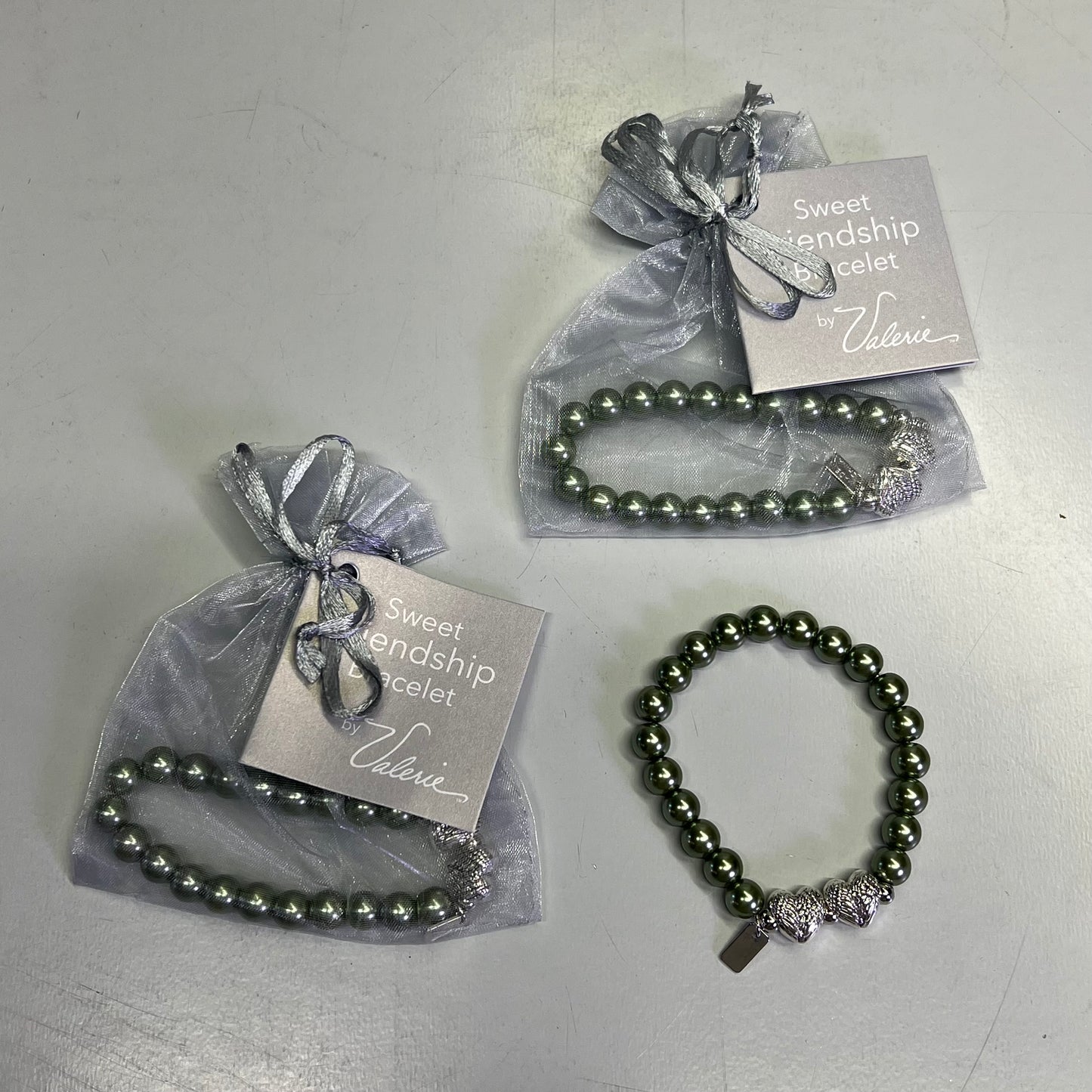 VALERIE PARR HILL  Angel Wing Heart & Pearl Friendship Bracelets Sz Small Green