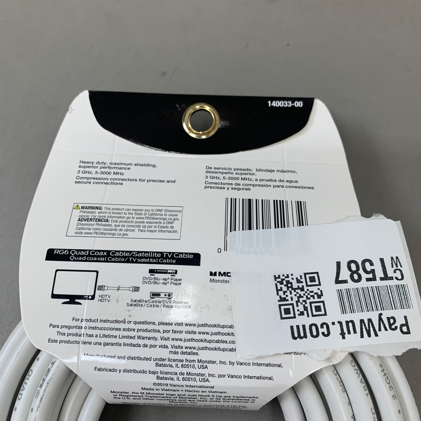 MONSTER RG6 Quad Coax Satellite Tv Cable 25ft White 140033-00