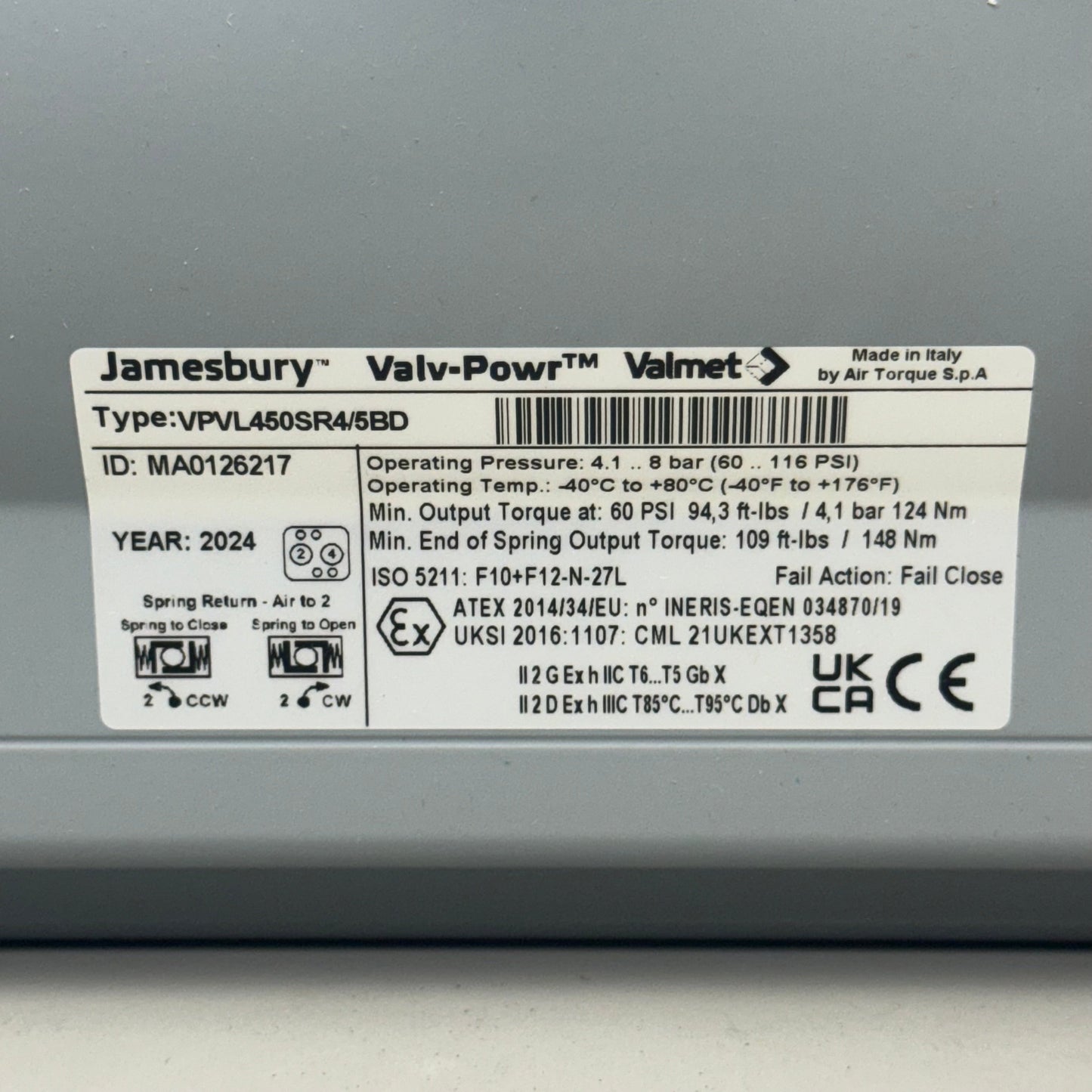 JAMESBURY VALMET FORWARD Valv-Powr Pneumatic Actuator VPVL450SR4/5BD Grey/Blue