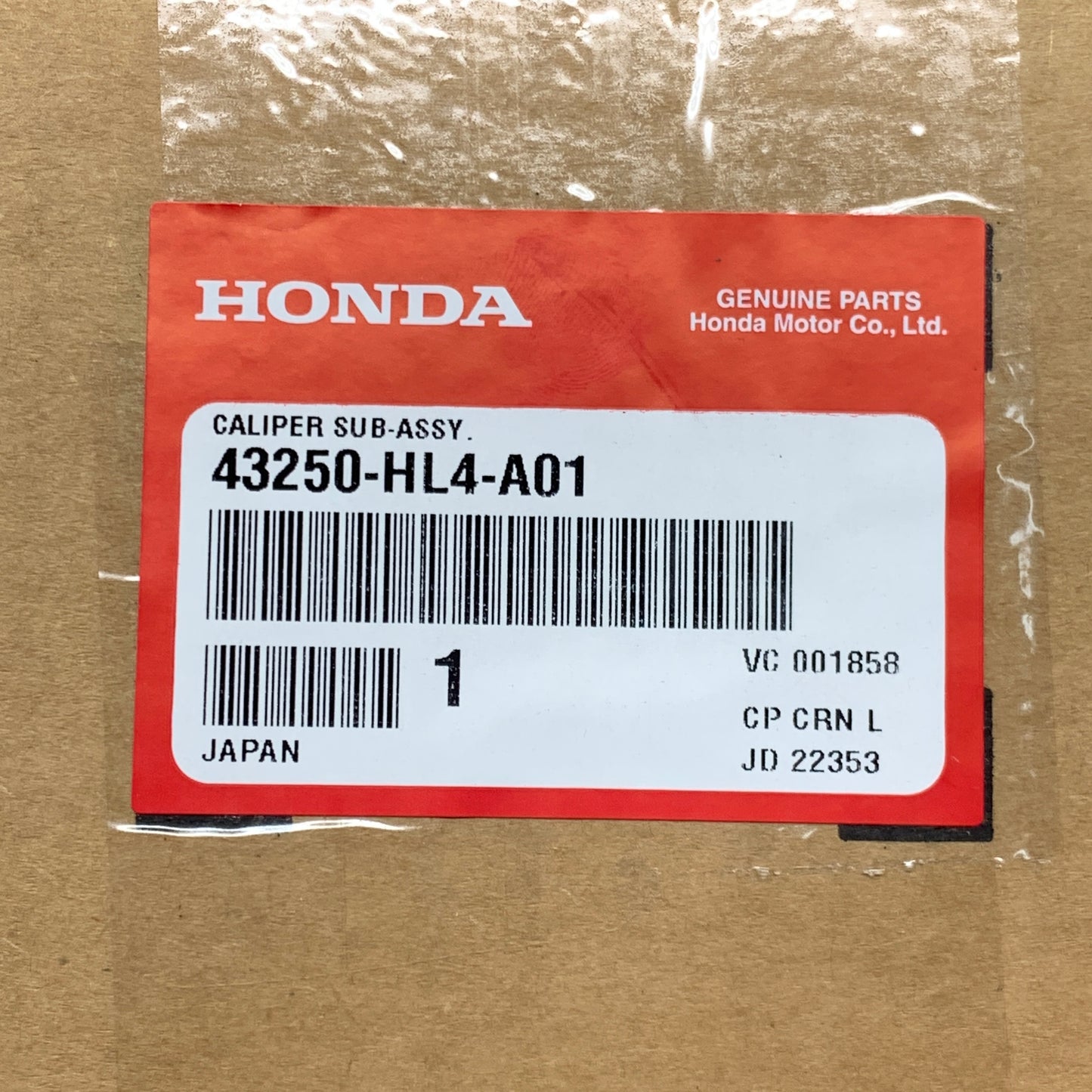 HONDA Brake Caliper Sub Assembly L. RR. (MSDS) 43150-HL4-A01