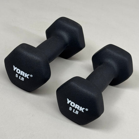 ZA@ YORK (2 PACK) Neoprene Hexagon Dumbbells Solid Steel Core 5 lbs Black 15605