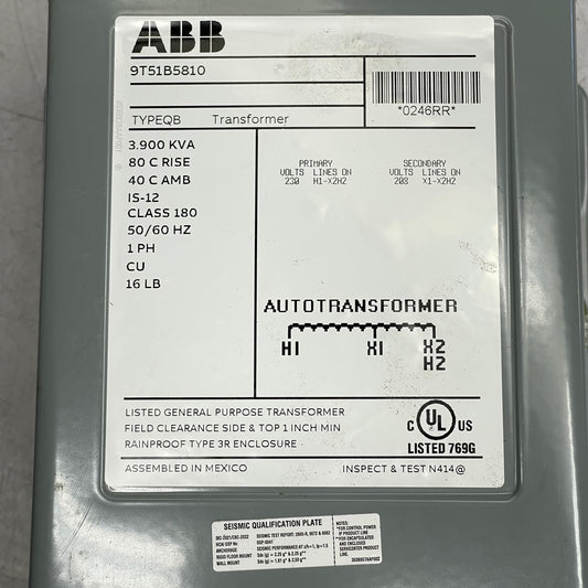 ABB Type QB Autotransformer, Single Phase, Low Voltage, Dry Type 3.9 kVA, 50 Hz 9T51B5810