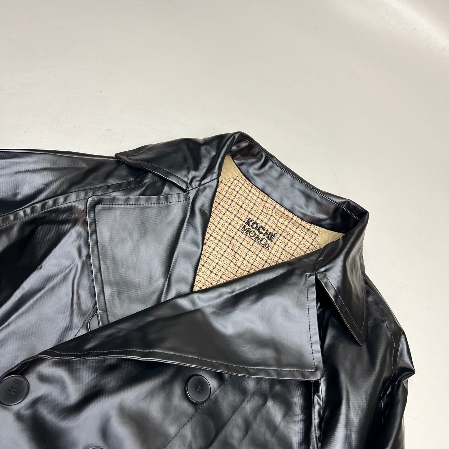 KOCHE MO & CO. Reversible Tie Around Trench Coat Unisex Sz M Khaki/Plaid/Black