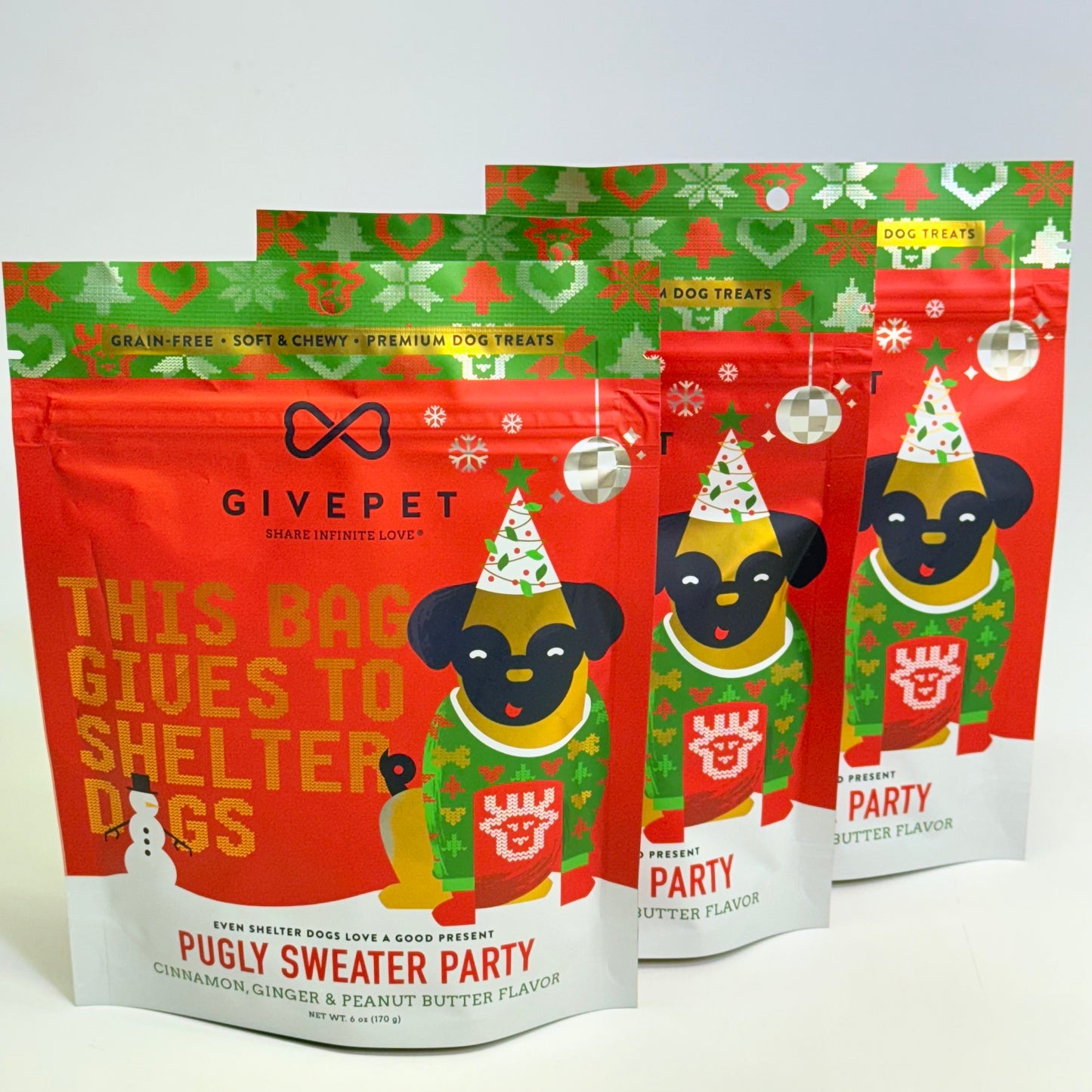 GIVEPET (3 PACK) Pugly Sweater Party Premium Dog Treats Soft & Chewy 6 oz BB 08/27