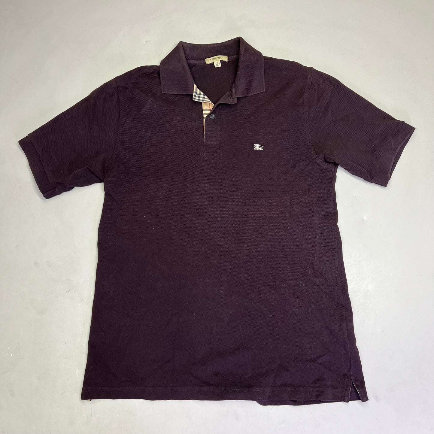 BURBERRY Rib Knit Cotton Polo Shirt w/ Signature Plaid Mens Sz S Brown (Used)