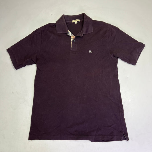 BURBERRY Rib Knit Cotton Polo Shirt w/ Signature Plaid Mens Sz S Brown (Used)