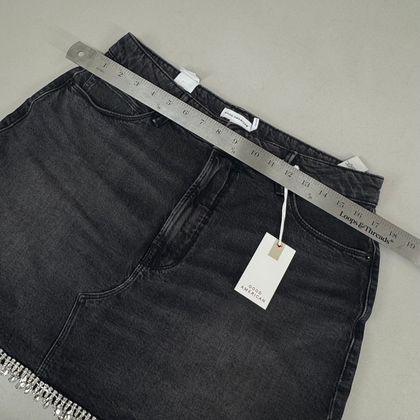 GOOD AMERICAN Denim Crystal Trim Skirt Women's Sz 12 Black376 GFD301