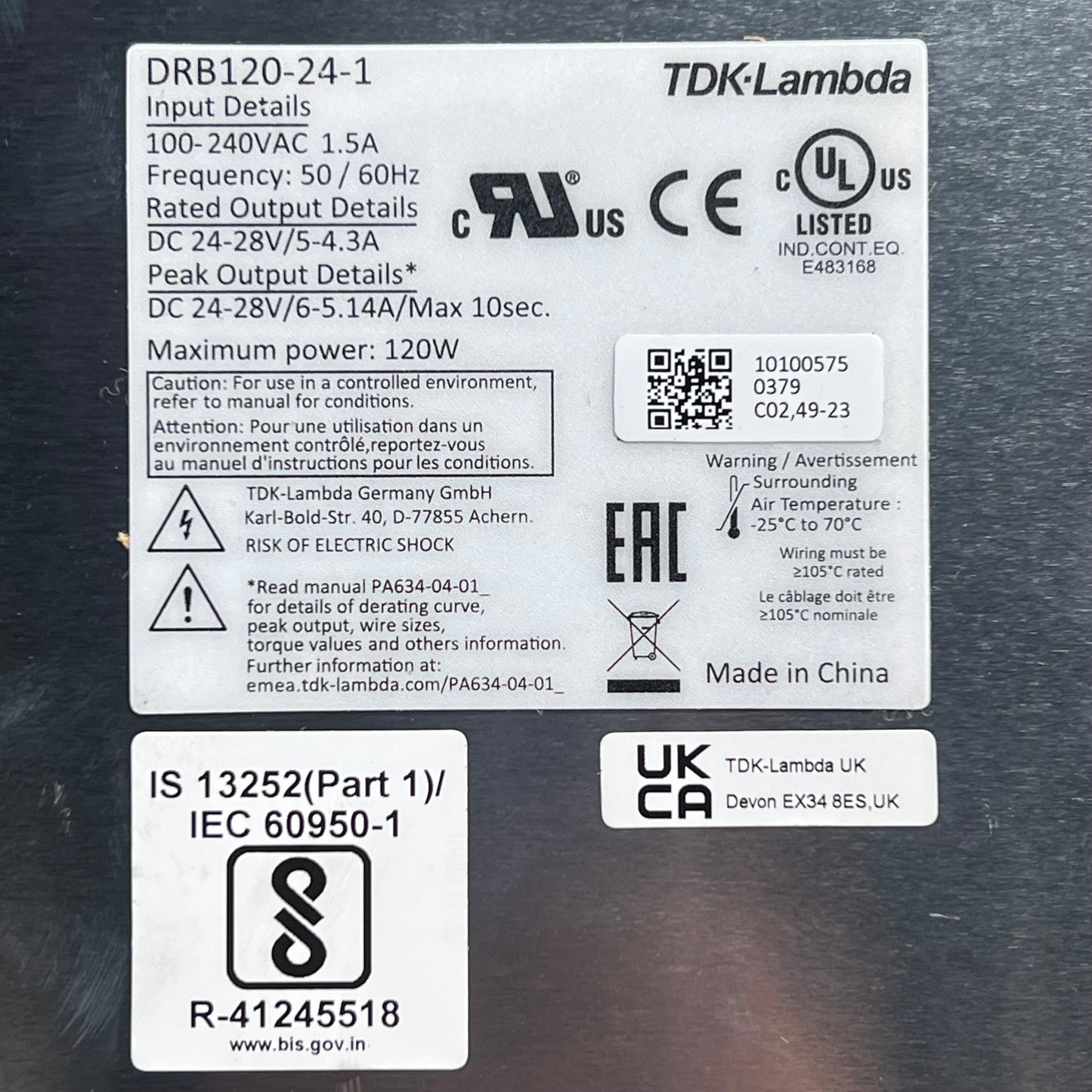 TDK-LAMBDA Power Supply DIN Rail DRB15-480 Series 120W 24V@5A Silver DRB120-24-1