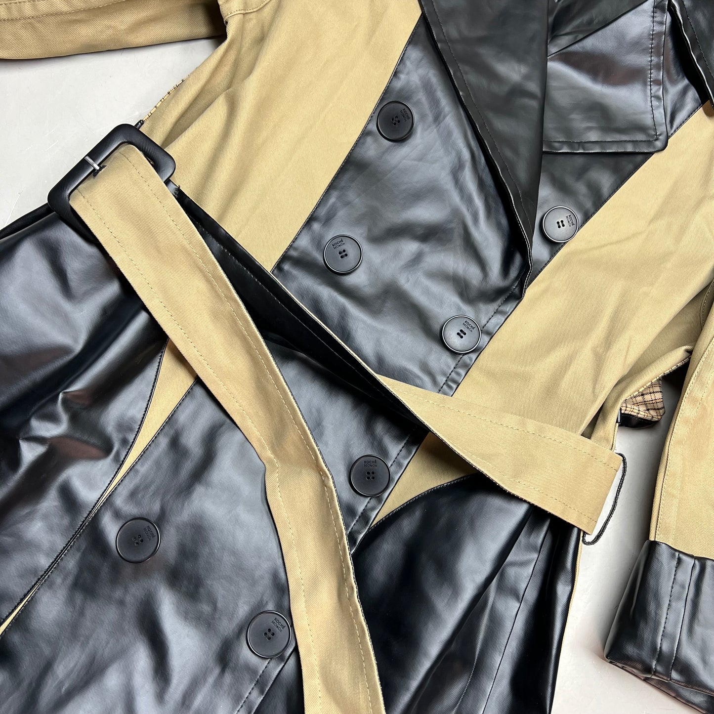 KOCHE MO & CO. Reversible Tie Around Trench Coat Unisex Sz M Khaki/Plaid/Black