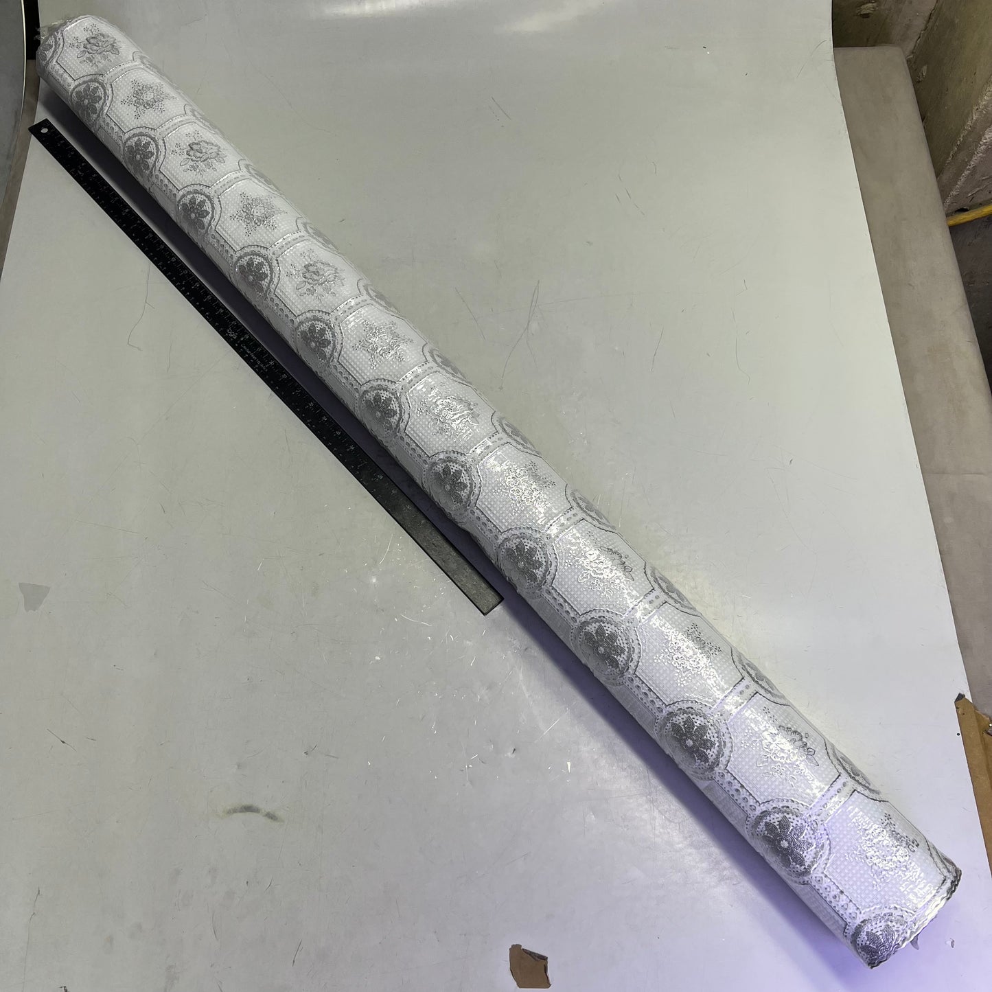 PVC Glossy Lace Dining Tablecloth Roll 54"x60' Silver/White CL-0615B