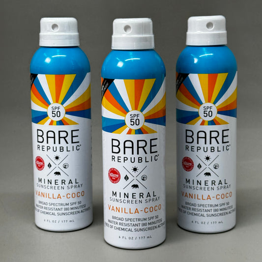 BARE REPUBLIC (3 PACK) Mineral Sunscreen Spray Vanilla-Coco SPF 50 6fl oz M5655