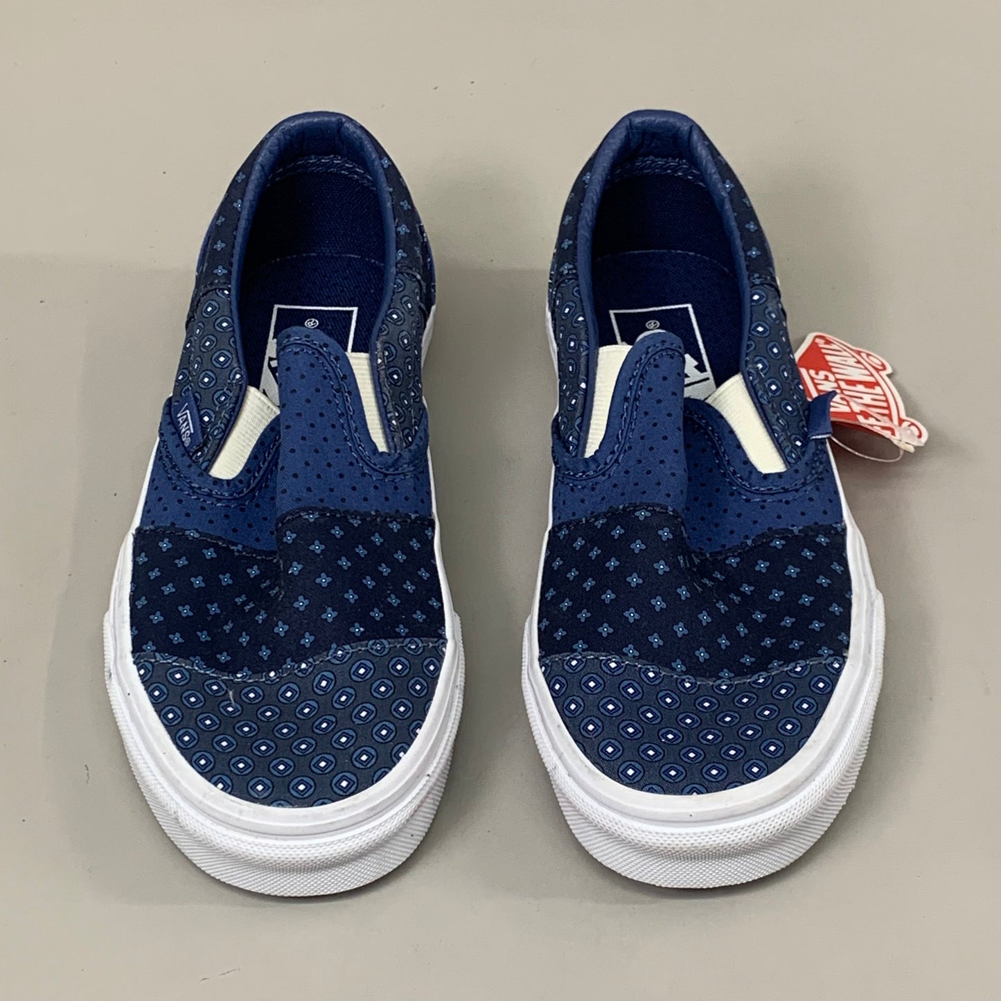 VANS Classic Slip-On Tie Print Patchwork Shoe Mens SZ 3.5 Womens SZ 5 Blue/White