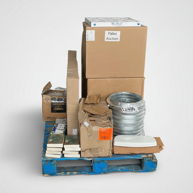 ZA@ Pallet of MIXED Furnace Filters, Books, Hardware, Individually Packaged Creamer Packets & More!!! (AS-IS)