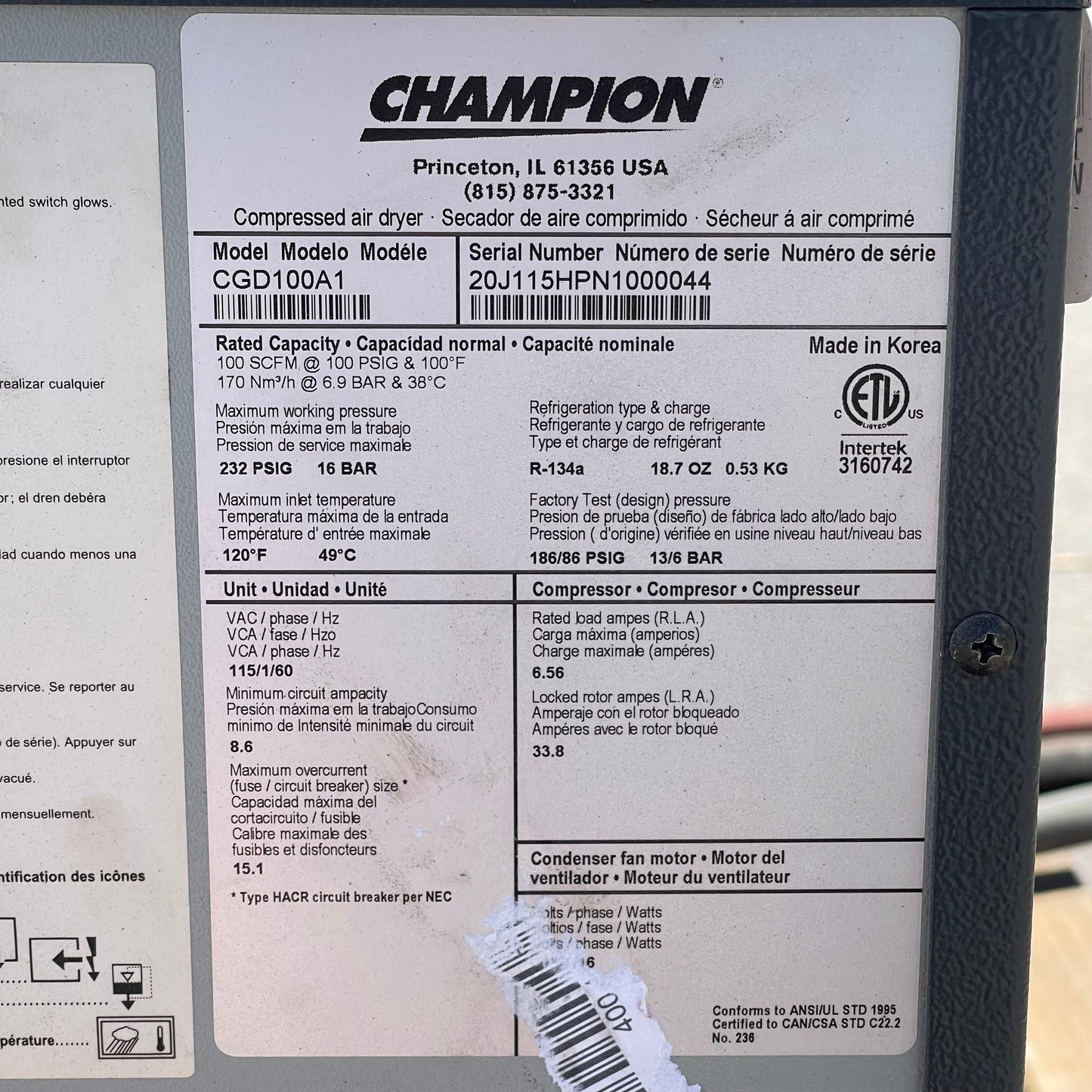 ZA@ Pallet of CHAMPION Refrigerated Air Dryer CGD100A1 (AS-IS)