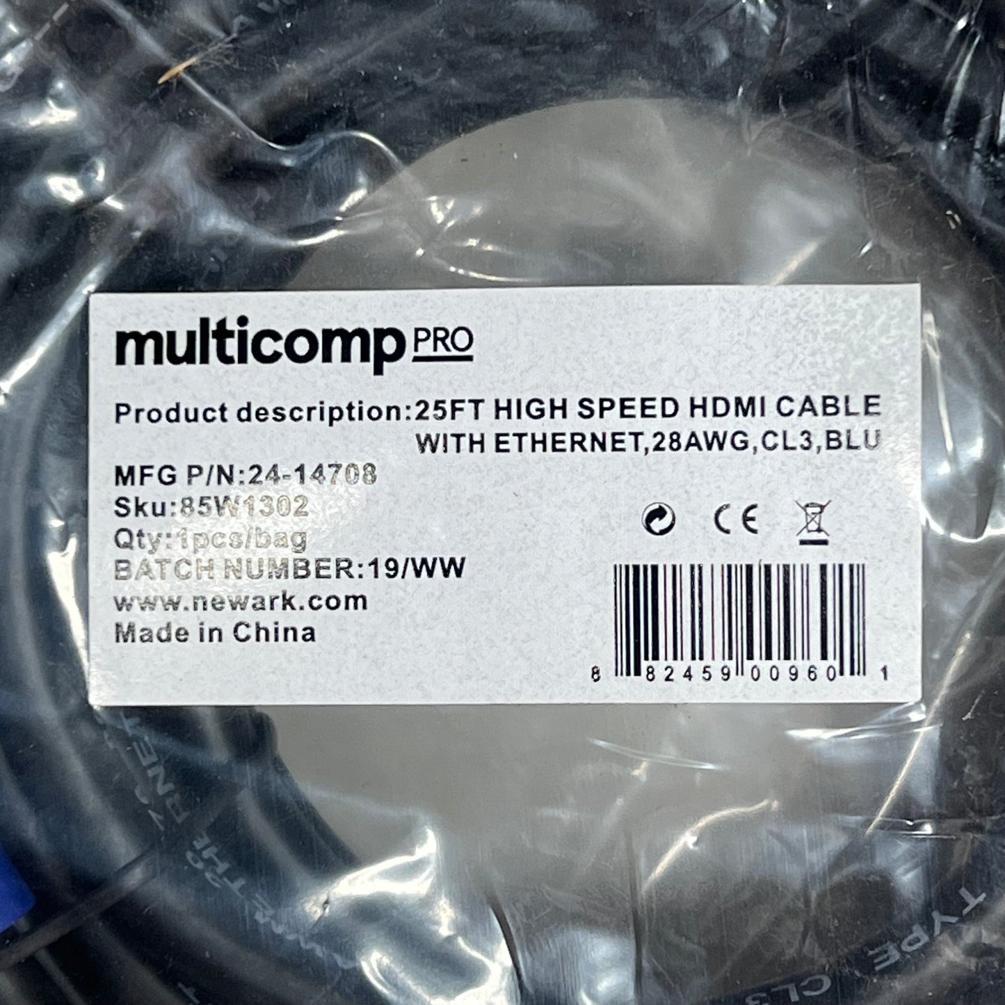 ZA@ MULTICOMP PRO High Speed HDMI Cable W/ Ethernet 28 AWG  25' Black 24-14708