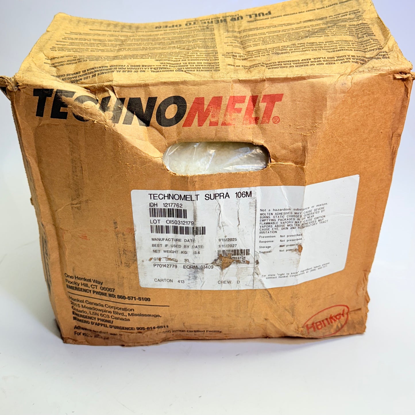 ZA@ HENKEL Technomelt Supra 106 Hot Melt Adhesive 33.6lb 1217762 (New- Dented Box)
