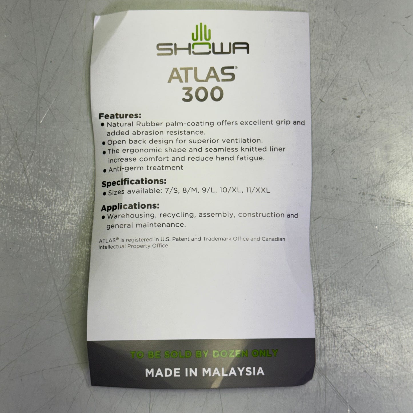 SHOWA ATLAS 300 (12 PAIR) Palm-Dipped Rubber Coating Work Gloves Sz 8/M, Black