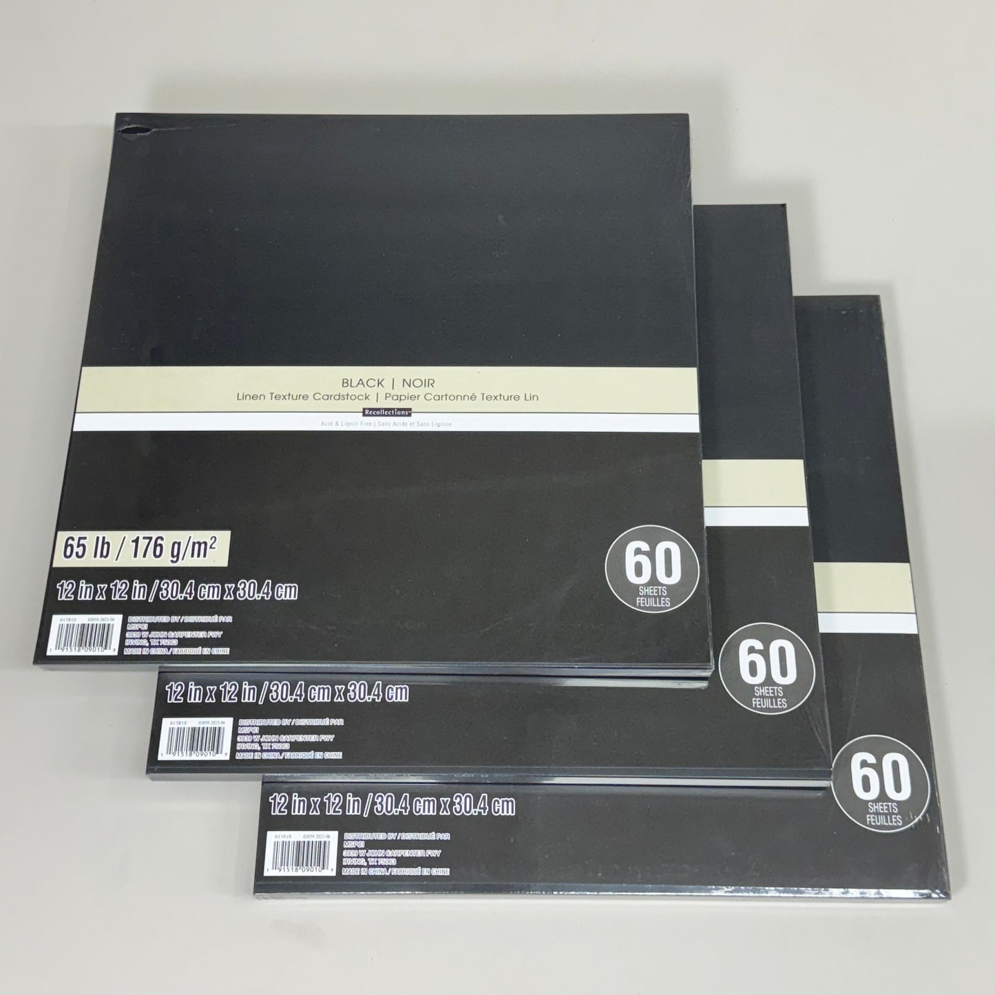 RECOLLECTIONS (3 PACKS , 180 SHEETS TOTAL) Linen Texture Cardstock 12"x12" Black