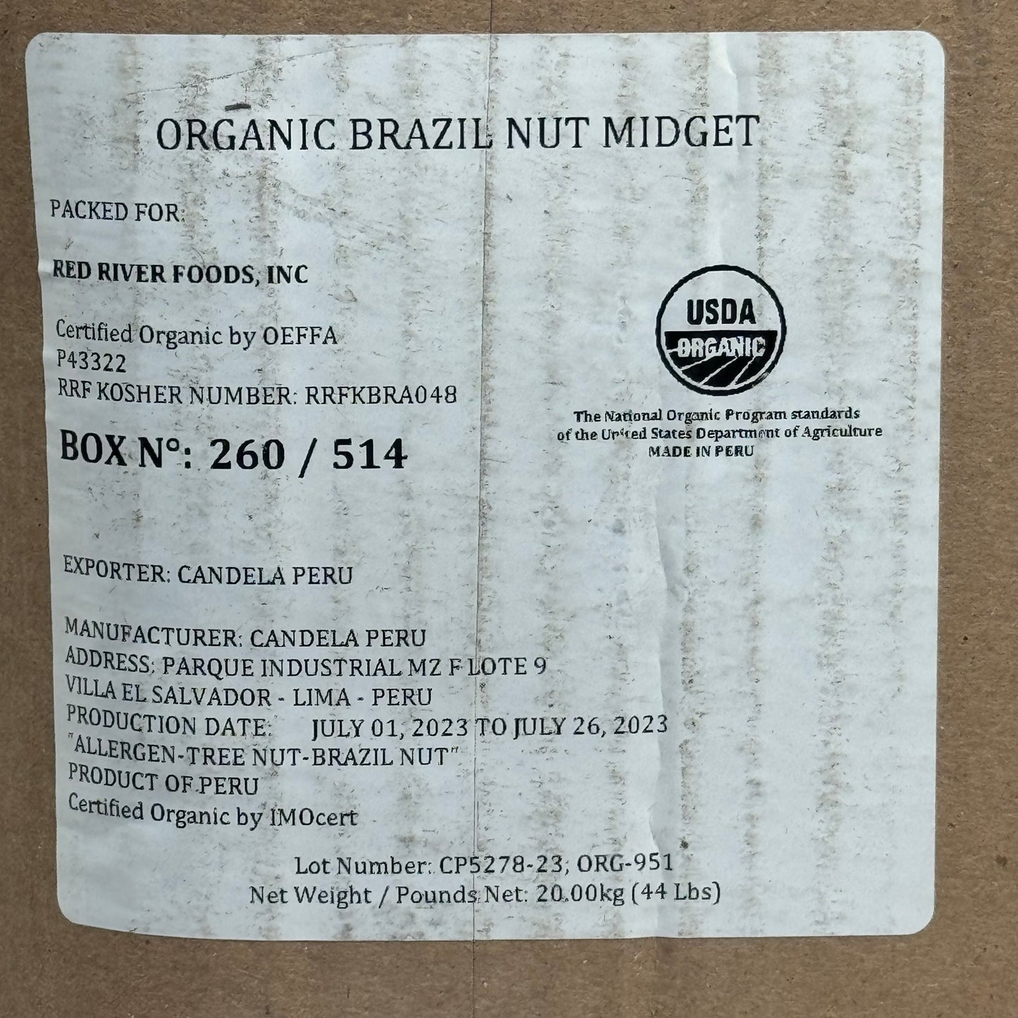 CANDELA ORGANIC BRAZIL NUTS Midgets Natural 44 lb in Sealed Bag