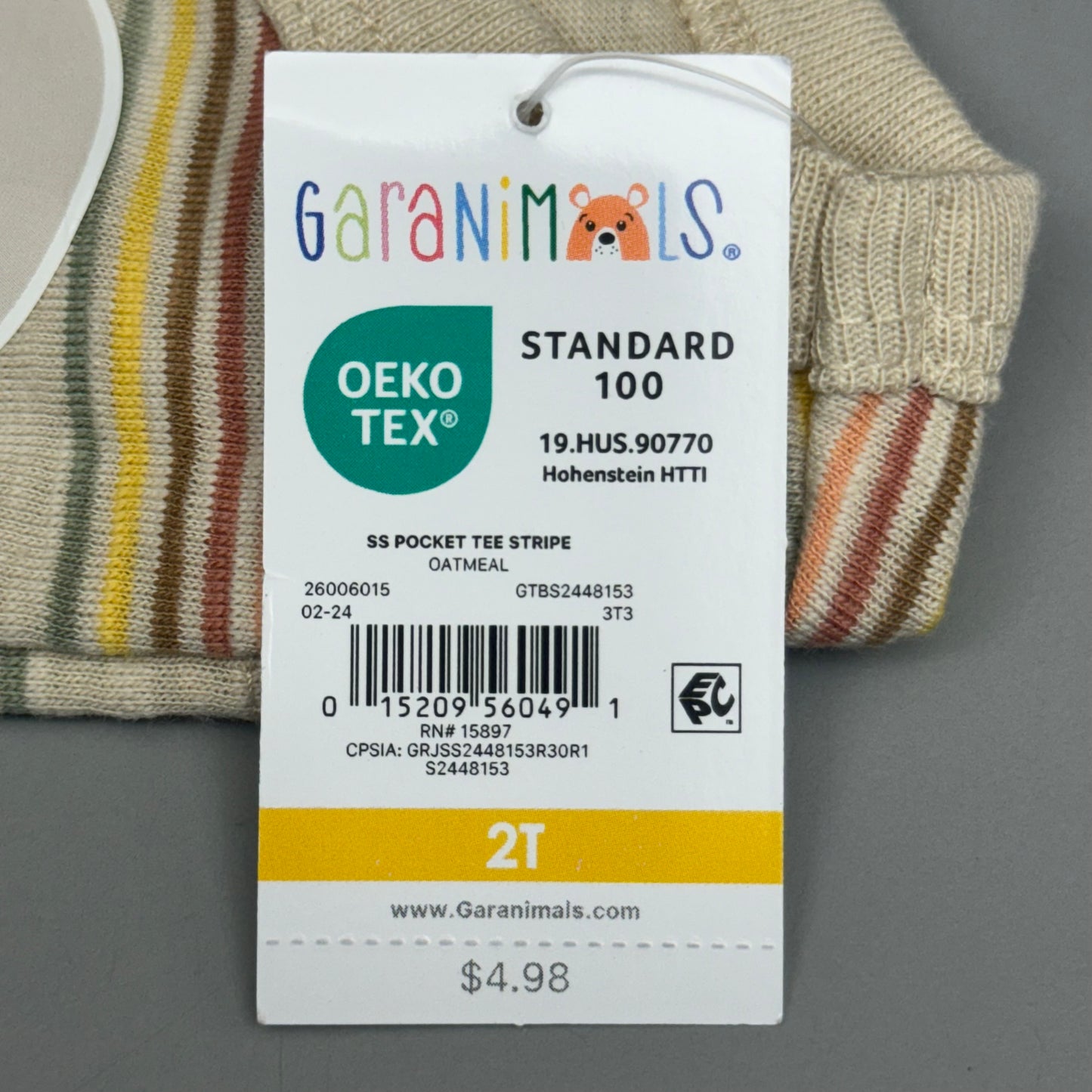 GARANIMALS (2 Pack) Toddler Tee Shirt SS POCKET TEE STRIPE Oatmeal Size 2T