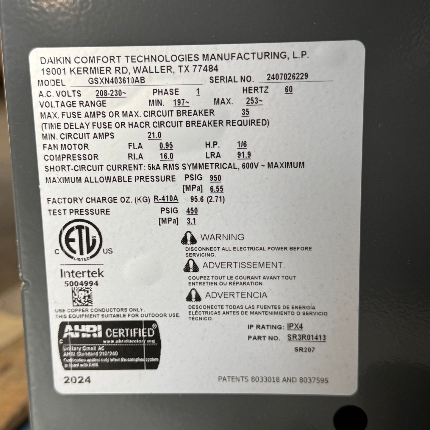 GOODMAN Air Conditioner Condenser 3 Ton Single Phase 36000 BTU GDXN403610AB