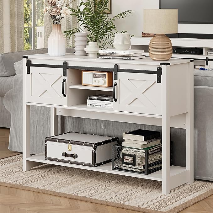 ROYALCRAFT Modern Farmhouse Console Table with Sliding Barn Door White ZTS016PS